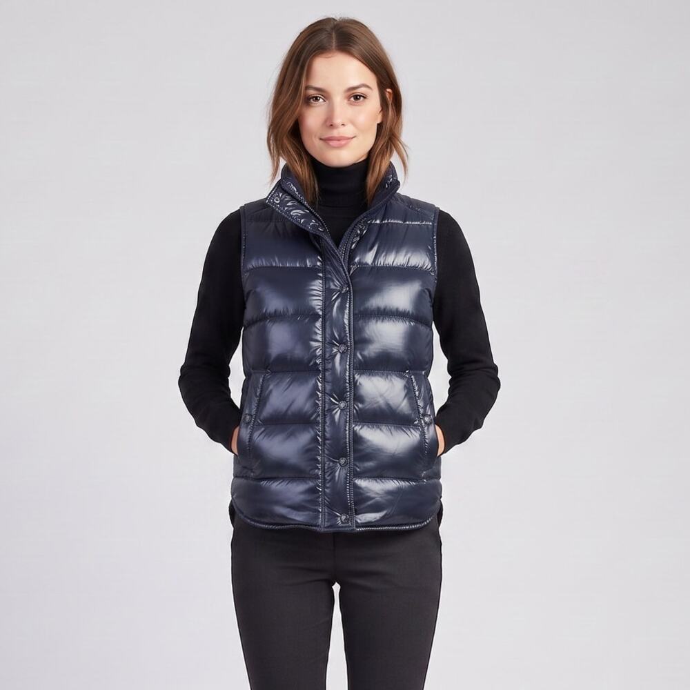 J.Crew Shiny Puffer Vest Womens XS Navy Blue Down Filled Full Zip Glossy Padded